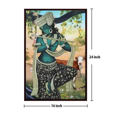 Lord Krishna Playing Flute With Cow Art Canvas Print
