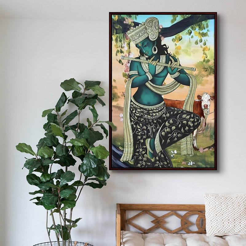 Lord Krishna Playing Flute With Cow Art Canvas Print